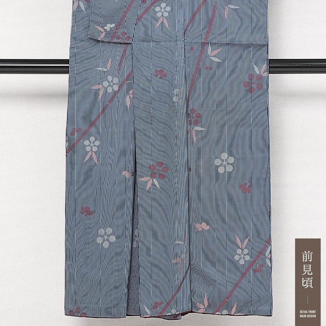 小紋 袷 身丈141cm 裄丈63cm 正絹 Cランク インフォーマル 広衿 XSサイズ 梅 笹 青系 HP 1221-13651