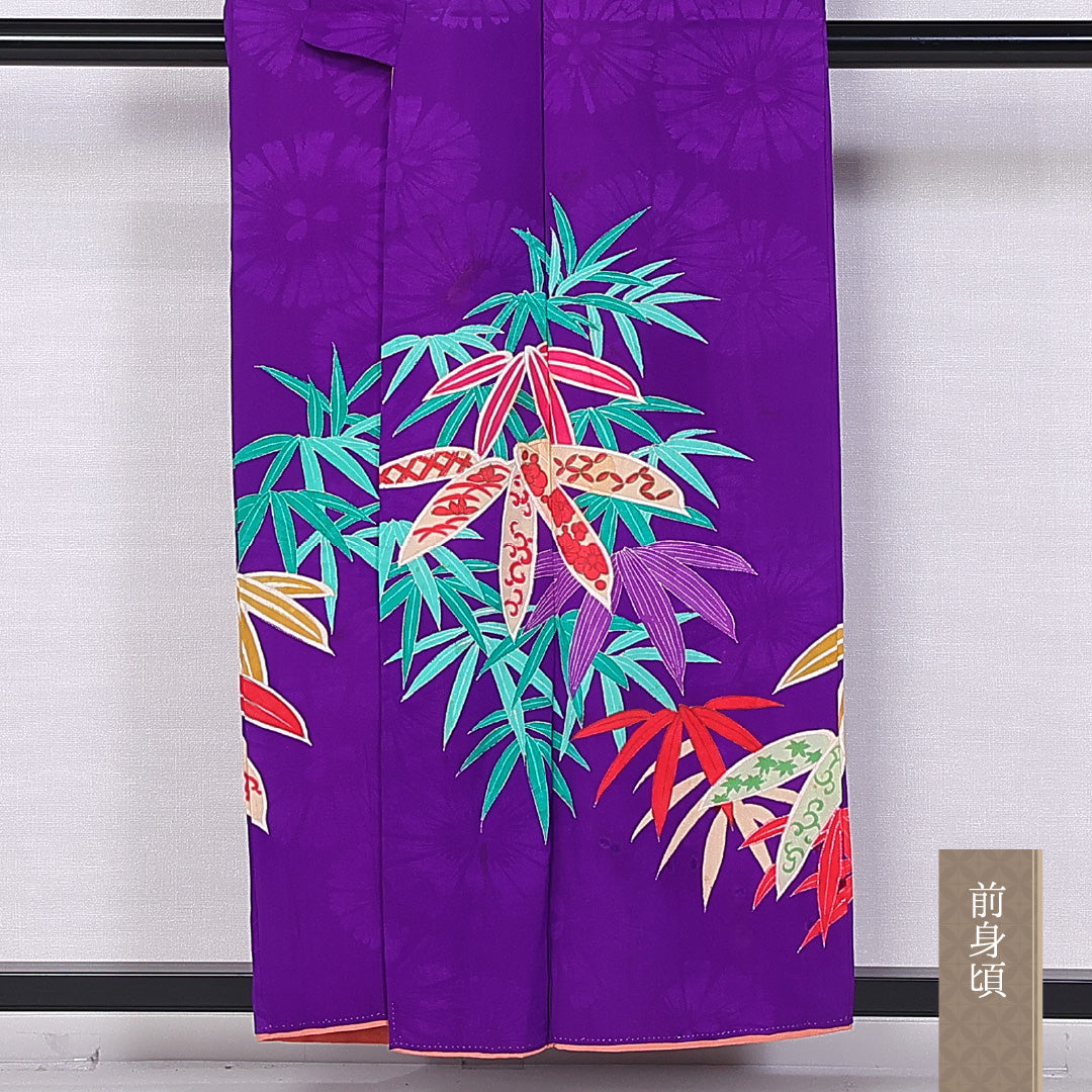 アンティーク 訪問着 身丈155cm 裄丈57cm M 正絹 Bランク 袷 一つ紋 五三桐 バチ衿 笹 菊 1212-10857