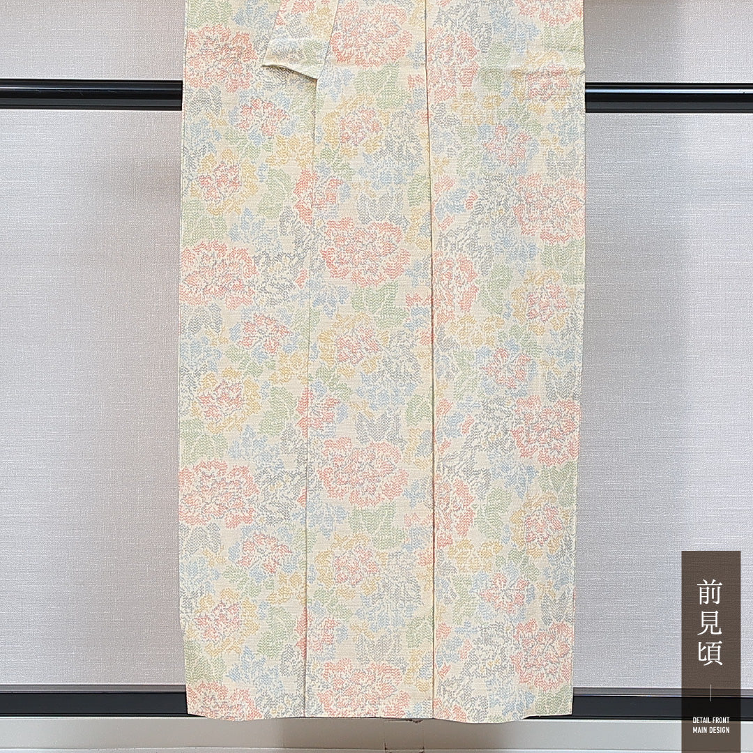 紬 単衣 身丈153cm 裄丈60cm 正絹 Cランク Sサイズ バチ衿 カジュアル 牡丹 クリーム系 多色系 1216-14858