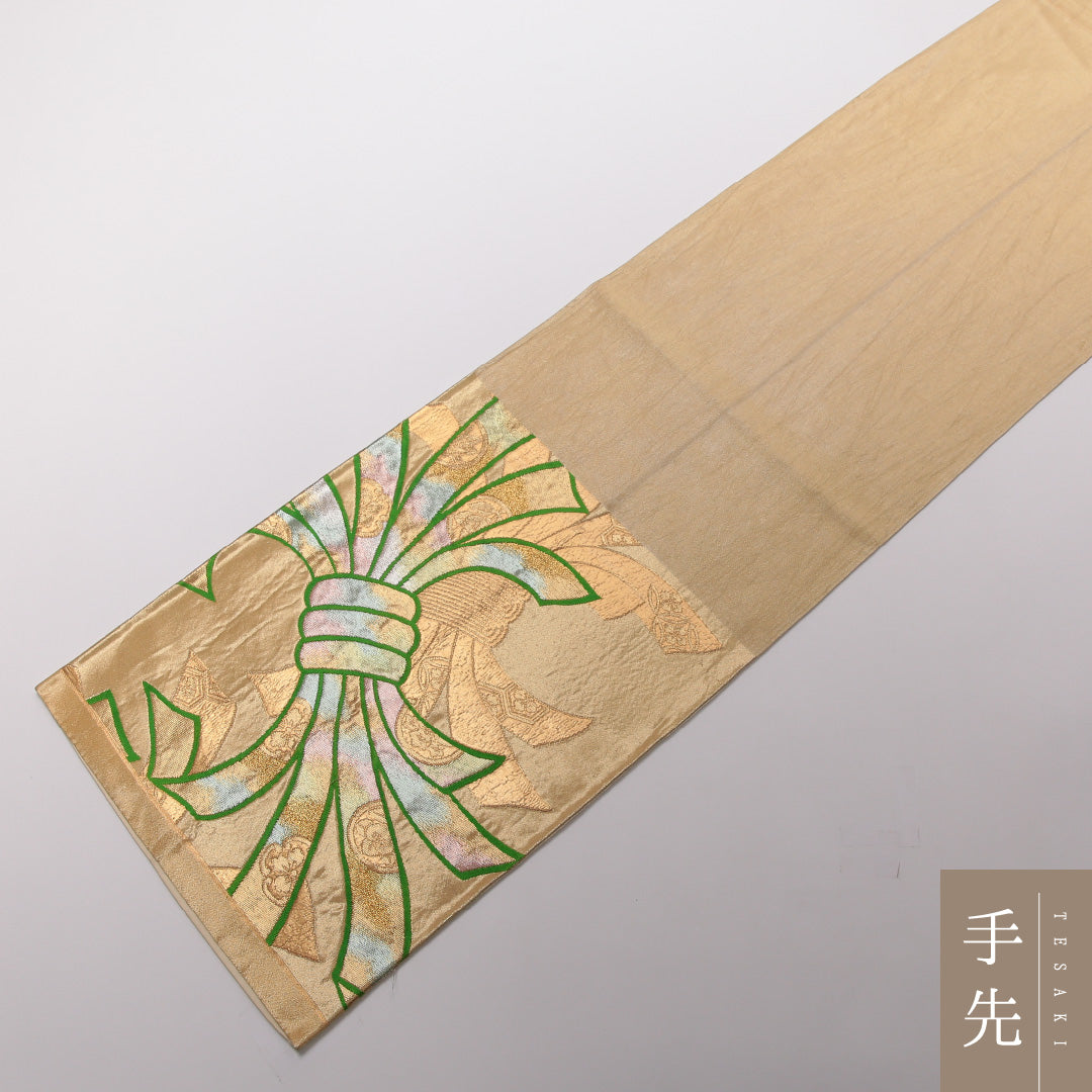 袋帯 帯丈412cm 正絹 六通 帯端のみ未仕立て 帯芯なし フォーマル 唐織 熨斗 金系 1243-01446