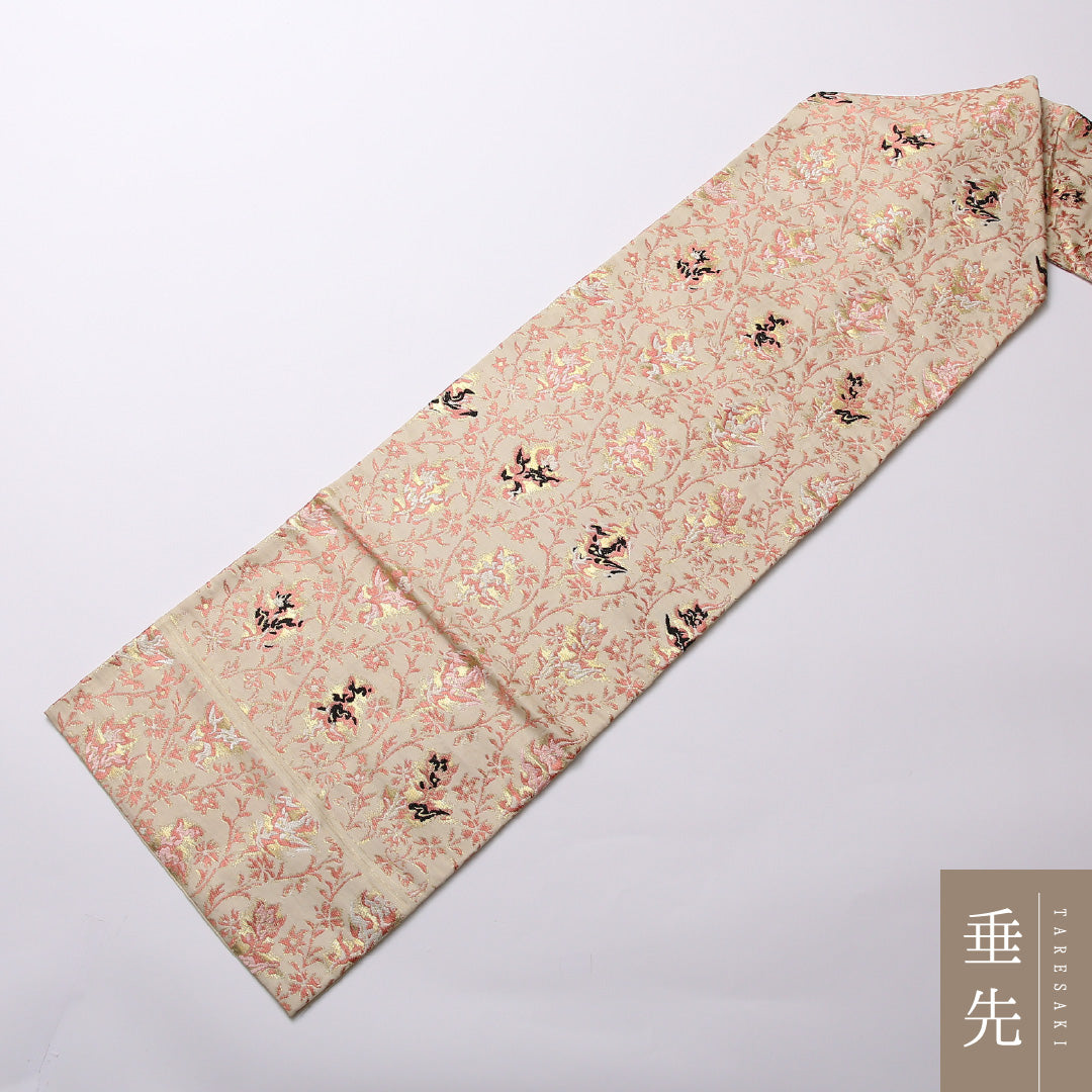 アンティーク 九寸名古屋帯 Aランク 帯丈326cm 正絹 六通 名古屋仕立て 織り 唐草華文 クリーム系 RP 1245-02517