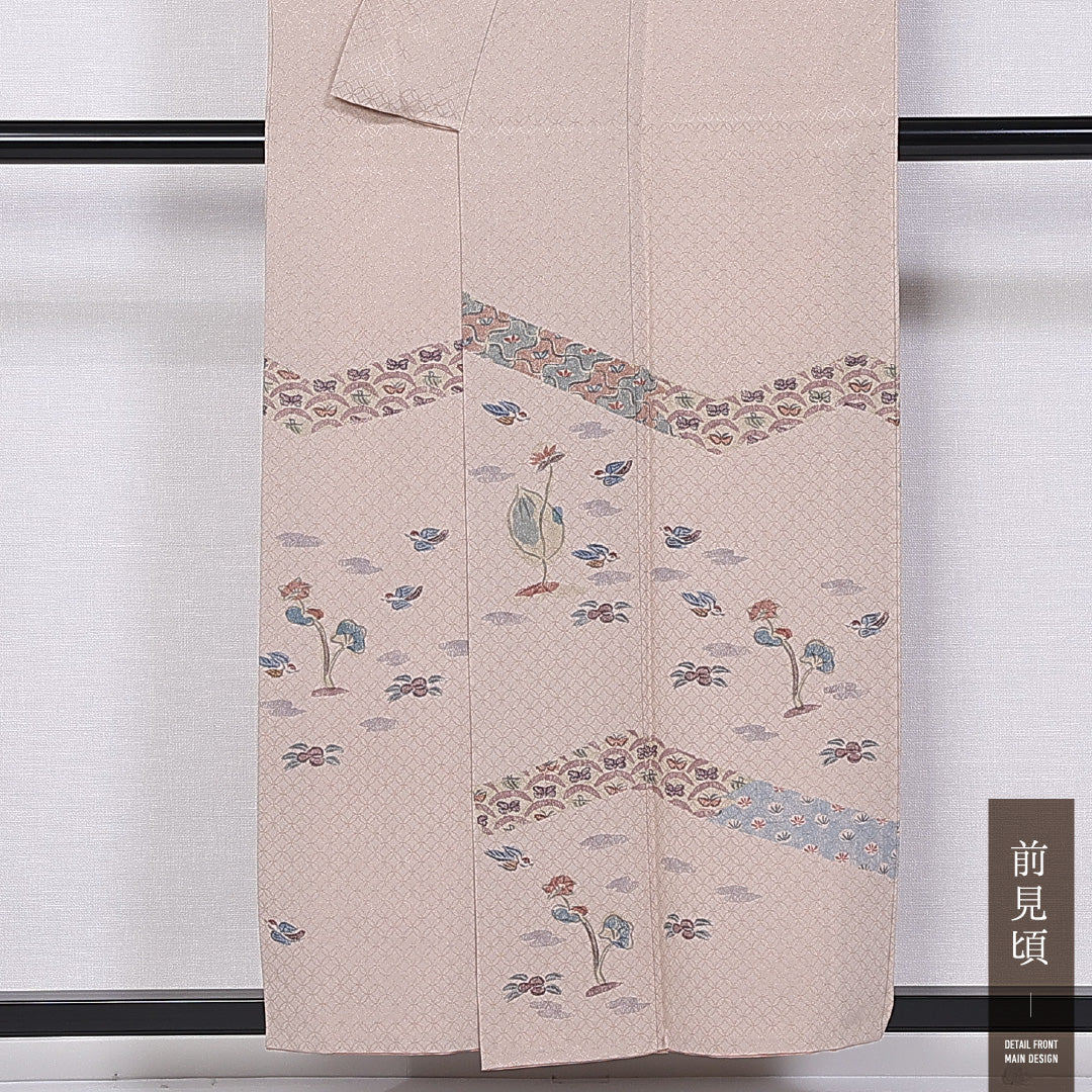 付下げ 袷 身丈155cm 裄丈62cm 正絹 Bランク 一つ紋 (五つ竜胆車) セミフォーマル 広衿 Mサイズ 作家物 七宝 花柄 クリーム系 HP 1218-11219