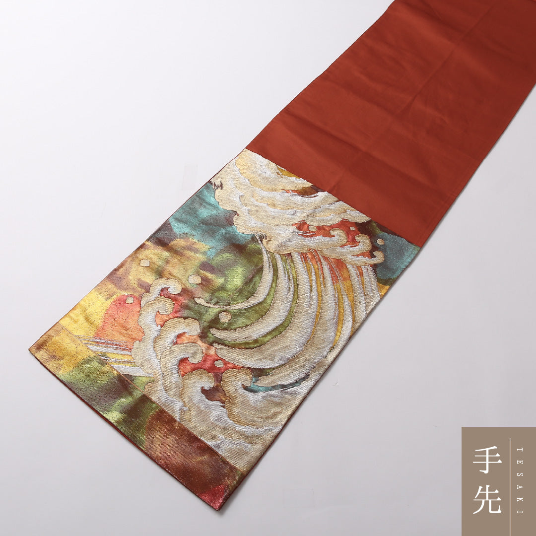 袋帯 帯丈428cm 正絹 六通 帯端のみ未仕立て セミフォーマル 波頭 茶系 1243-01702