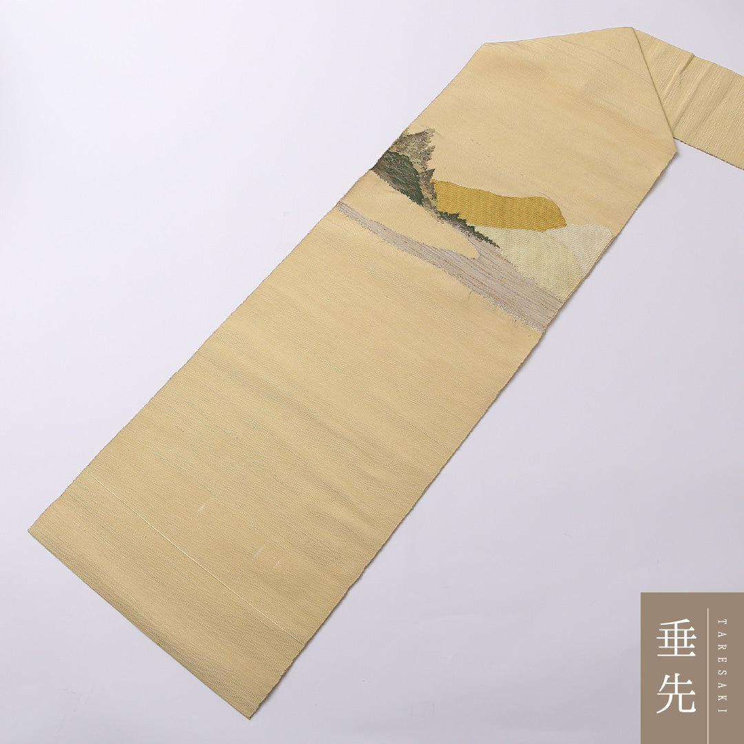 八寸名古屋帯 Aランク 帯丈343cm 正絹 ポイント柄 名古屋仕立て 織り インフォーマル 綴れ織 遠山 黄系 RP 1245-02548