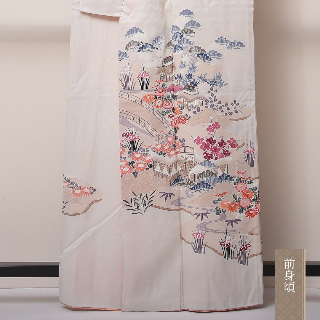 訪問着 袷 身丈160～164cm 裄62cm 正絹 茶屋辻 笠松や菖蒲 白系 Bランク 1212-00599