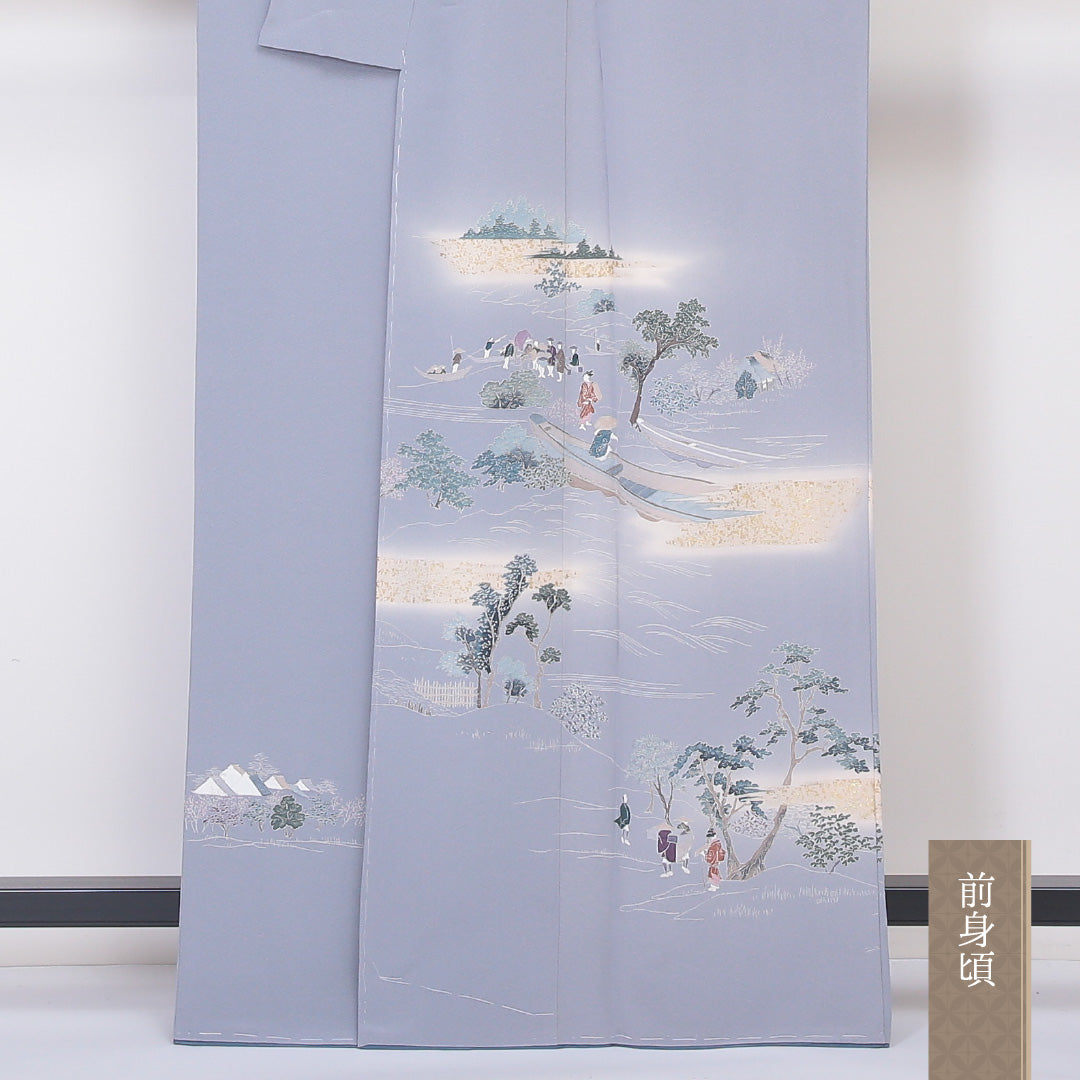 訪問着 袷 身丈163cm 裄丈64cm 正絹 Aランク セミフォーマル 広衿 Lサイズ 人物 風景柄 グレー系 RP 1217-04538