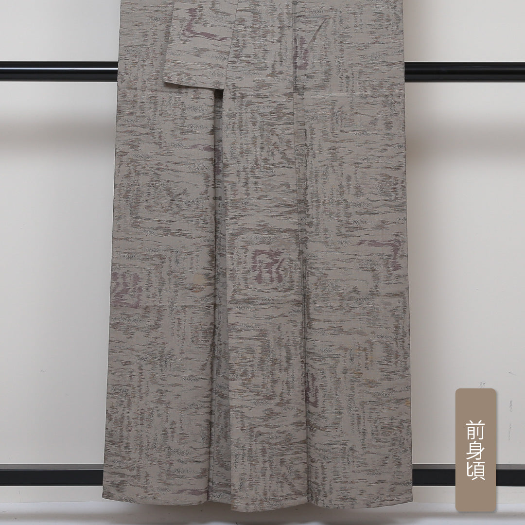 紬 単衣 身丈157cm 裄丈62cm 正絹 Cランク Mサイズ バチ衿 カジュアル 創作柄 グレー系 1216-02964