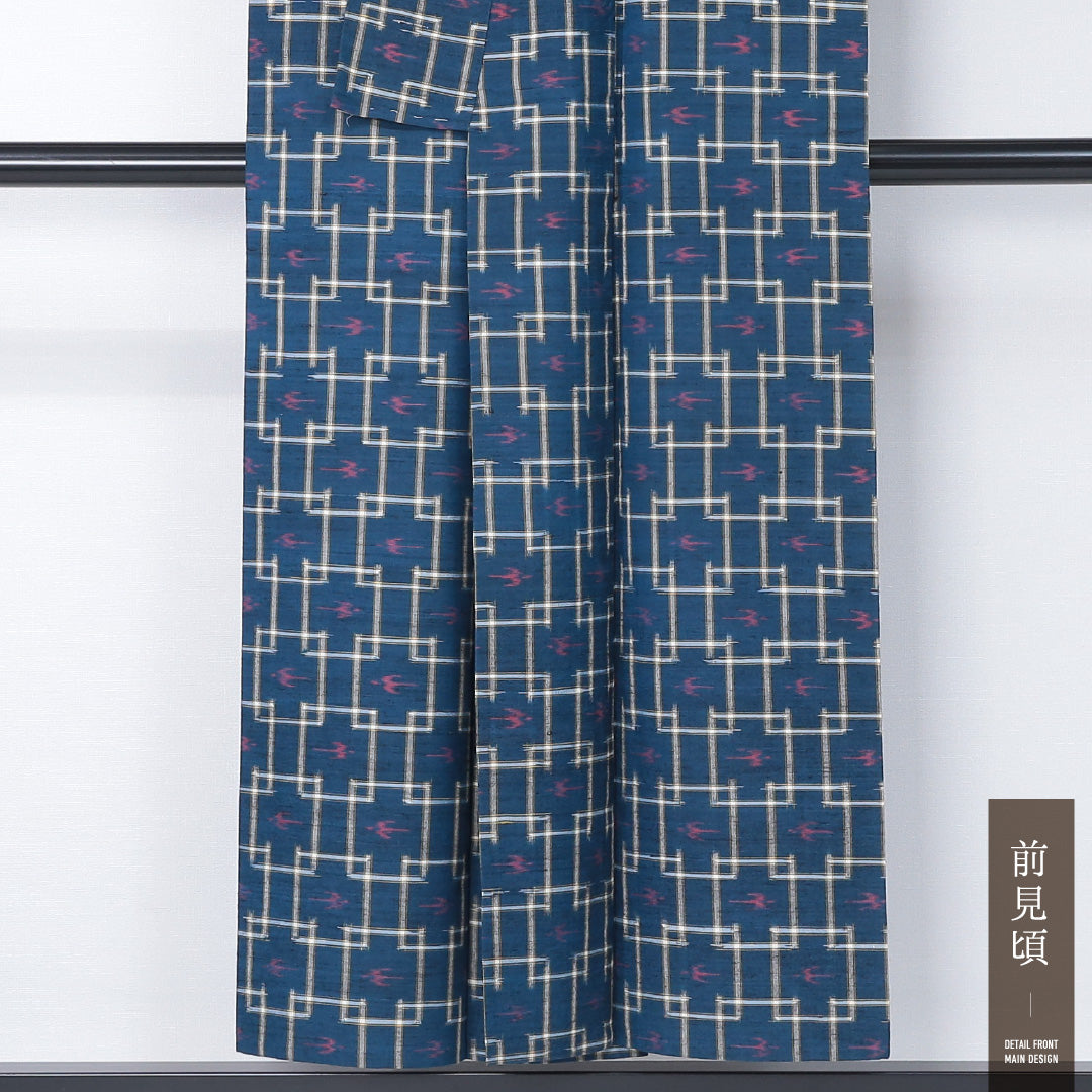 紬 単衣 身丈150cm 裄丈63cm 正絹 Sランク カジュアル 広衿 Sサイズ 燕 青系 RP 1223-12345