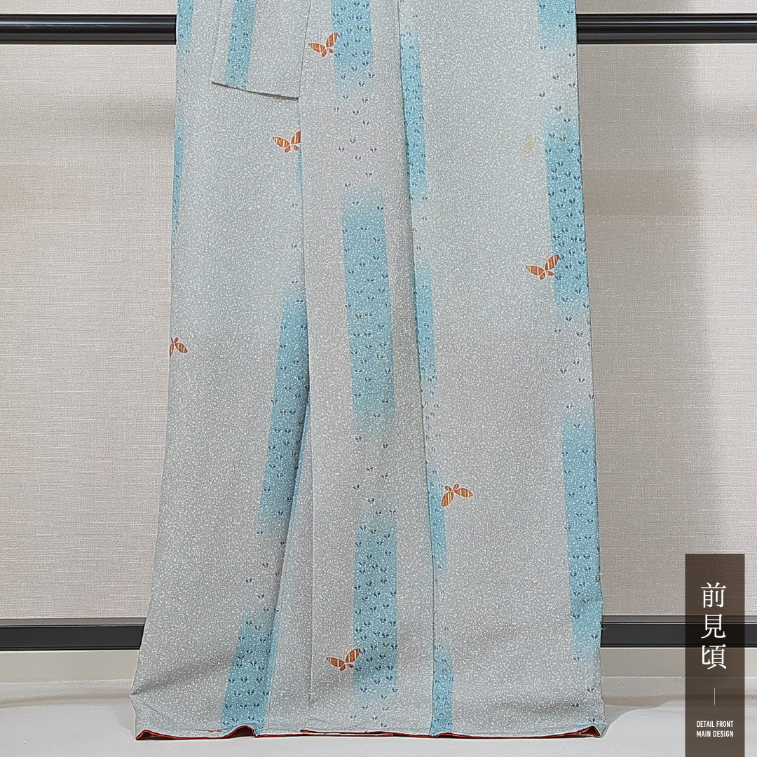 洗える着物 小紋 袷 身丈166cm 裄丈61cm ポリエステル Bランク インフォーマル 広衿 XLサイズ 蝶 グレー系 RP 1221-14919