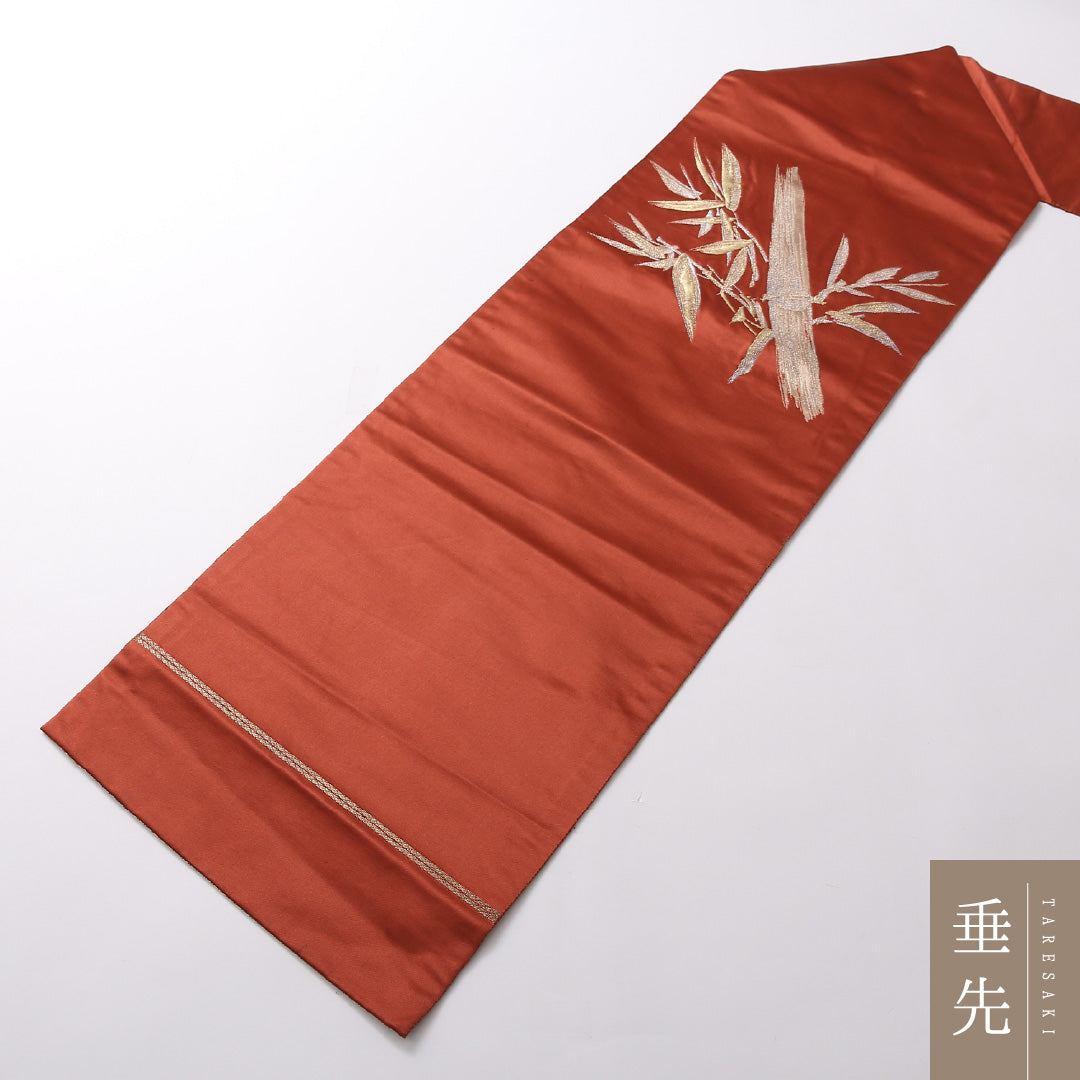 八寸名古屋帯 Bランク 帯丈322cm 正絹 ポイント柄 名古屋仕立て 織り インフォーマル 竹 朱系 HP 1245-02819