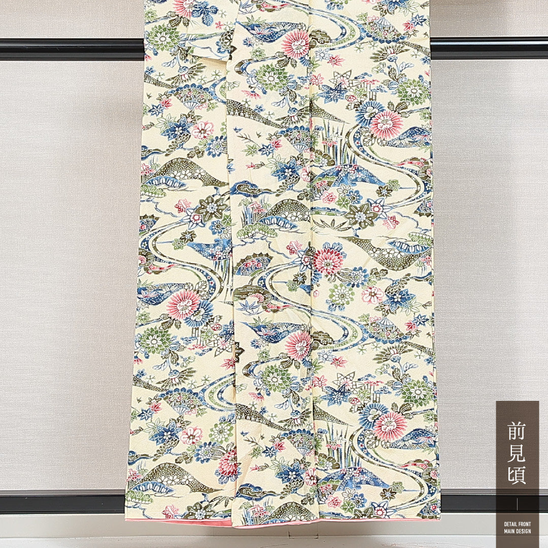 新古品 小紋 袷 身丈153cm 裄丈61cm 正絹 Nランク Sサイズ バチ衿 インフォーマル 吉祥文様 しつけ糸 クリーム系 黄系 1215-14859