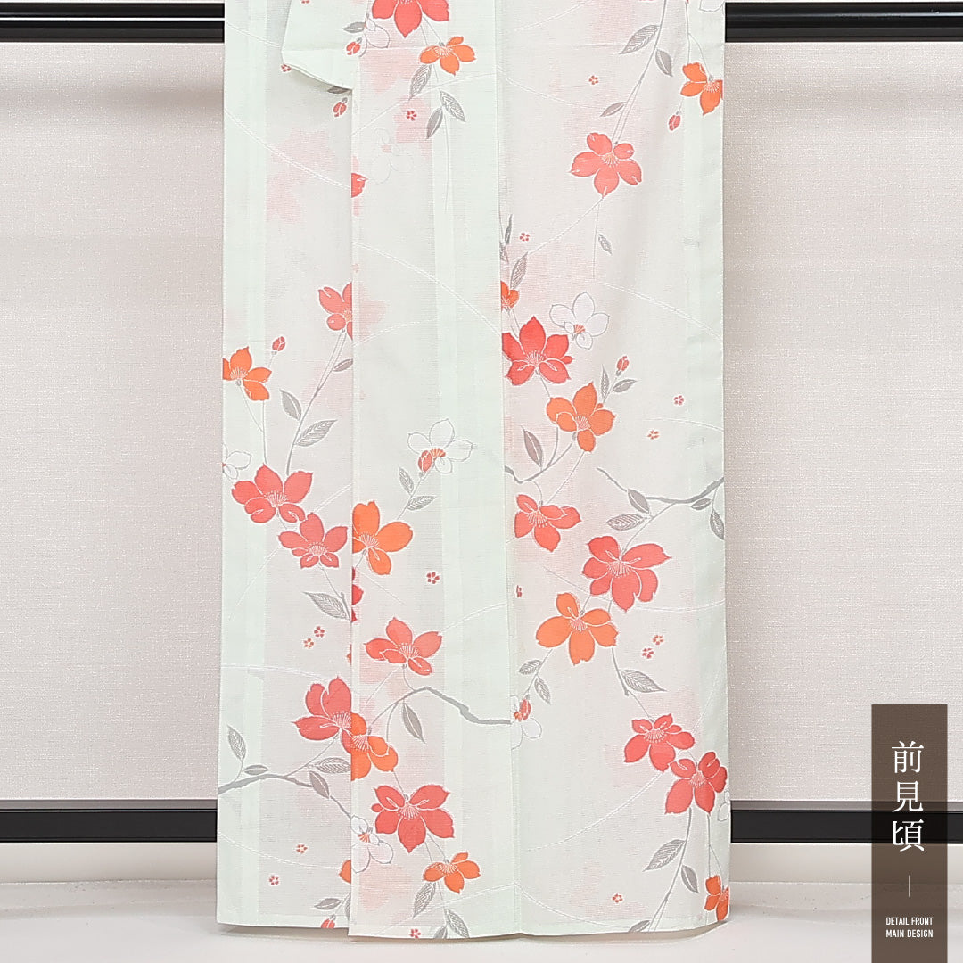 夏物 洗える着物 小紋 絽 身丈160cm 裄丈64cm ポリエステル Aランク インフォーマル バチ衿 Lサイズ 花柄 緑系 RP 1221-13228