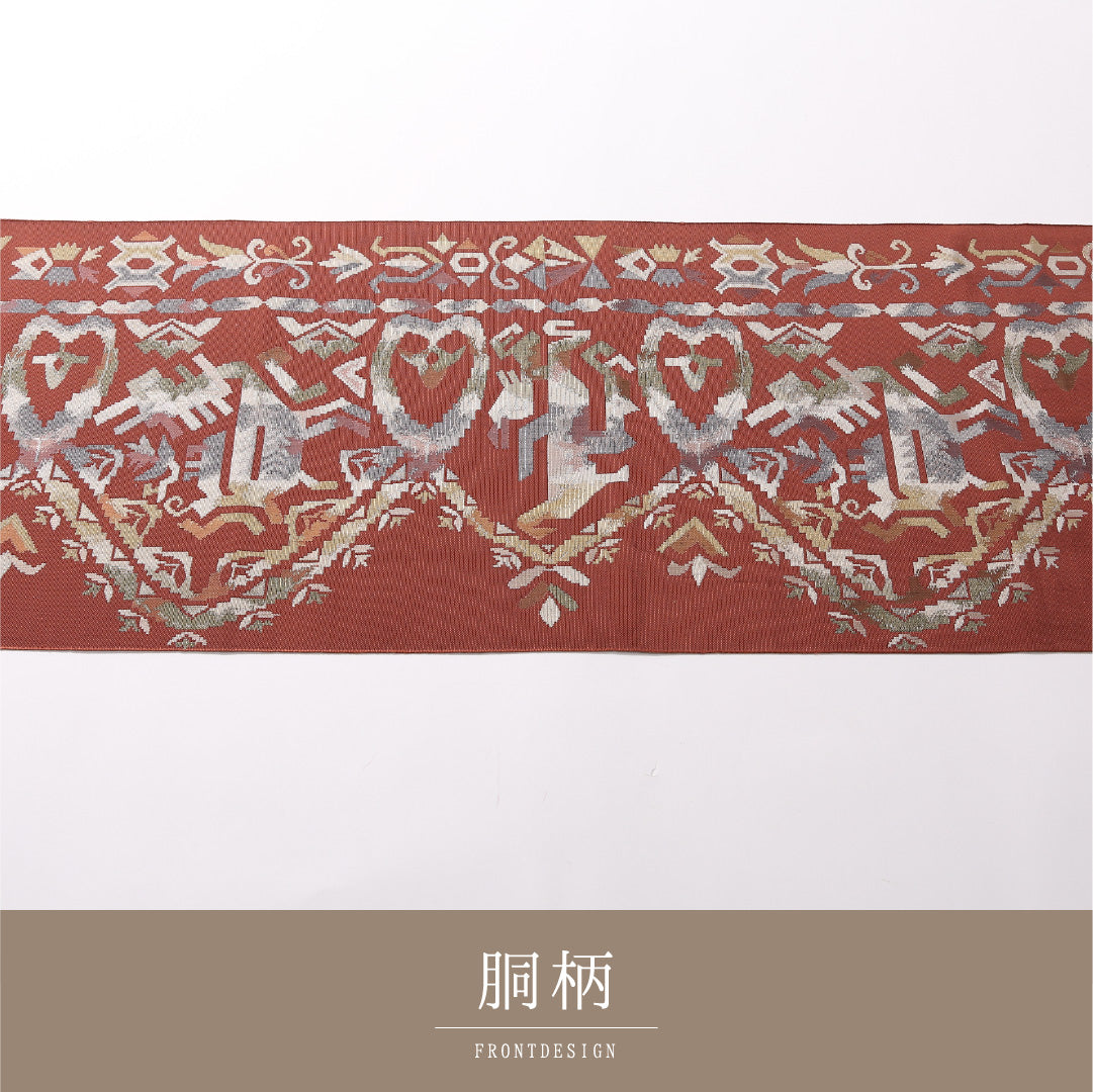 八寸名古屋帯 Sランク 帯丈355cm 正絹 全通 松葉仕立て 織り カジュアル 花鳥風月 朱系 LP 1245-02825