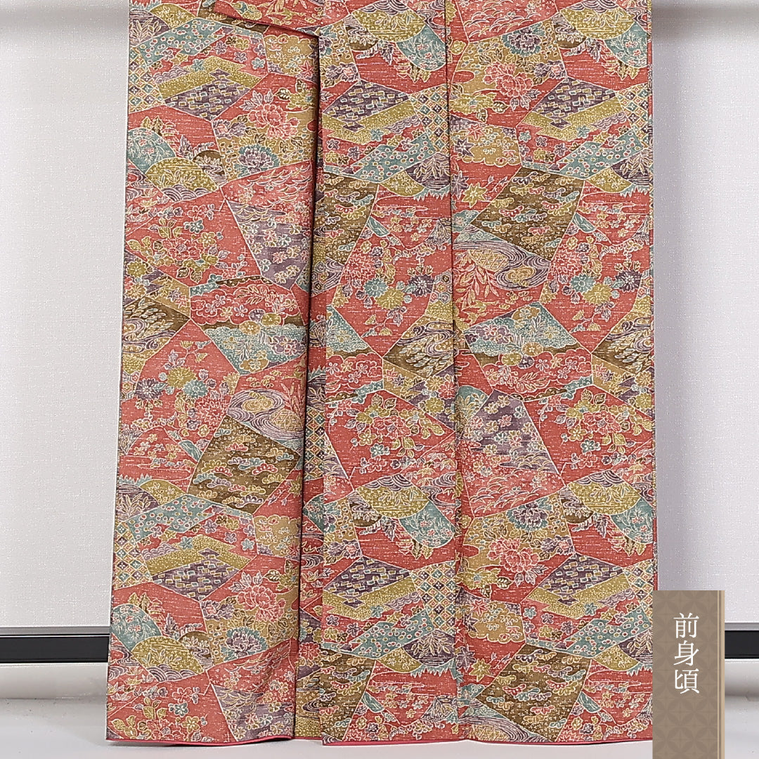 小紋 袷 身丈160cm 裄64cm 正絹 花柄 牡丹 松竹梅 赤系 Sランク 1215-02452
