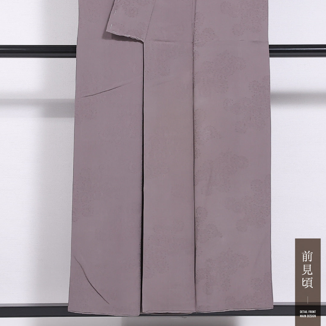 色無地 袷 身丈154cm 裄丈62cm 正絹 Cランク 三つ紋 (五三桐) 紋意匠 (創作柄) セミフォーマル 広衿 Sサイズ 無地 紫系 HP 1219-11551
