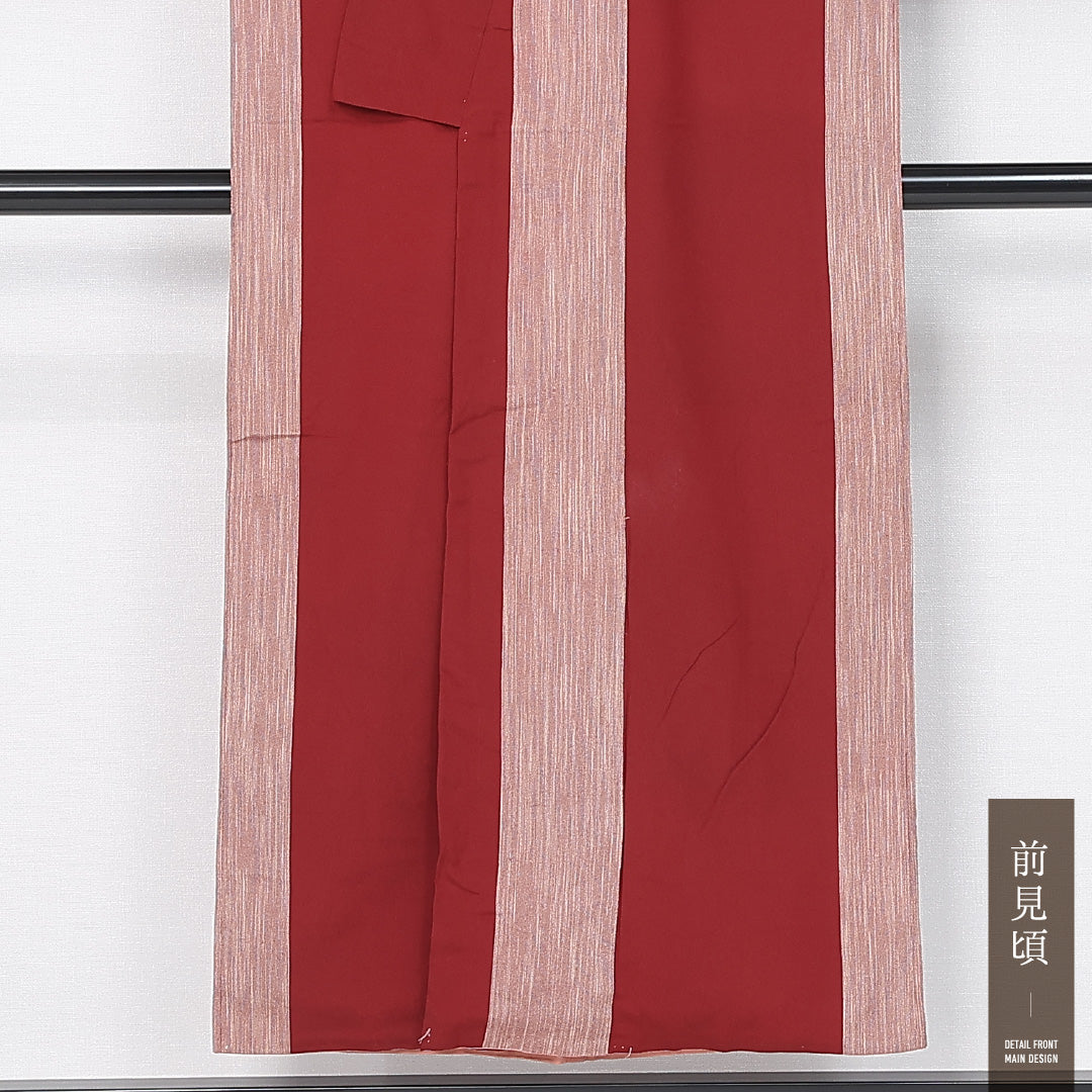 アンティーク お召 身丈147cm 裄丈65cm Dランク XS 正絹 袷 広衿 モダン 縞 赤系 1265-11955