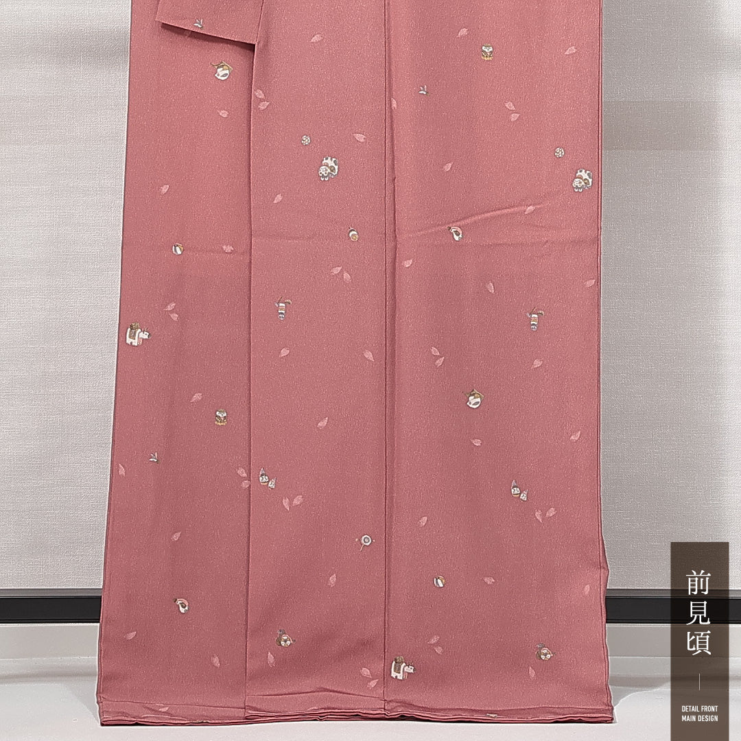 小紋 洗える着物 袷 身丈168cm 裄丈67cm ポリエステル Sランク XLサイズ 広衿 インフォーマル 猫 桜 ピンク系 1215-14826