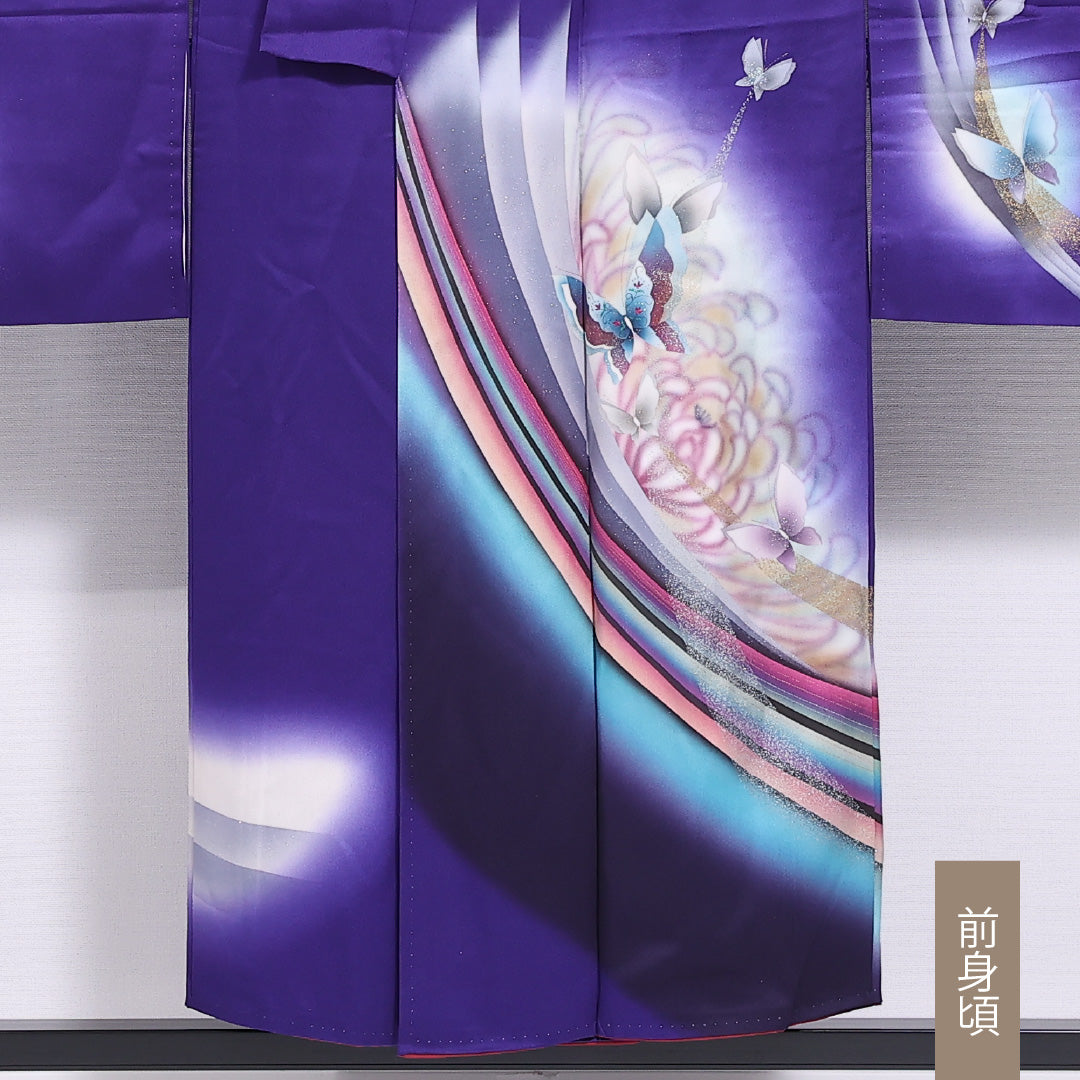 振袖 身丈150cm 裄丈64cm 袷 正絹 Aランク 広衿 蝶 ぼかし ラメ 虹 1213-F0419