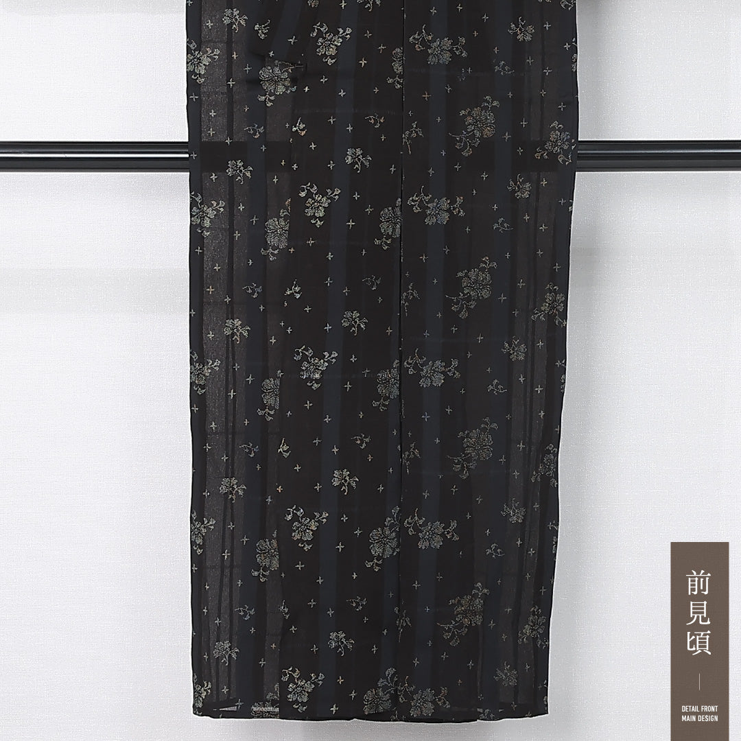 夏物 小紋 紗 身丈144cm 裄丈62cm 正絹 Sランク インフォーマル バチ衿 XSサイズ 花柄 黒系 RP 1221-12406
