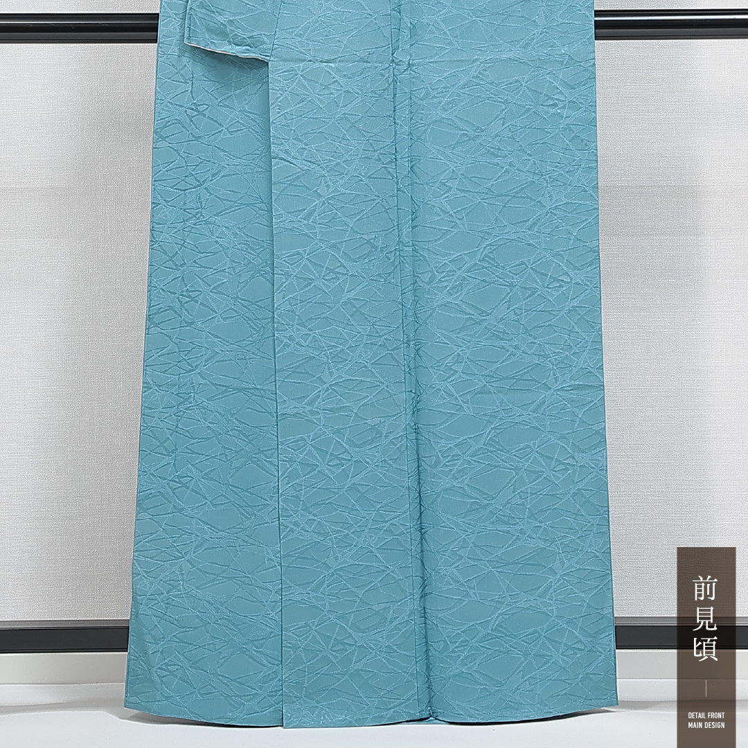 色無地 単衣 身丈162cm 裄丈65cm 正絹 Sランク Lサイズ 広衿 一つ紋（丸に片喰） セミフォーマル 紋意匠 抽象柄 織り出し 青系 1214-14769