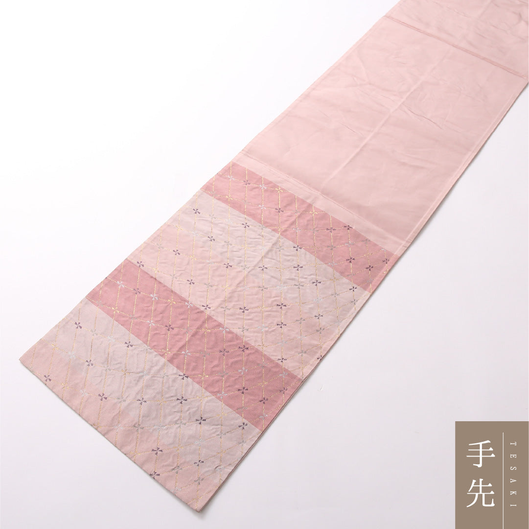 九寸名古屋帯 Sランク 帯丈358cm 正絹 六通 開き仕立て 織り インフォーマル 花菱 ピンク系 RP 1245-02836
