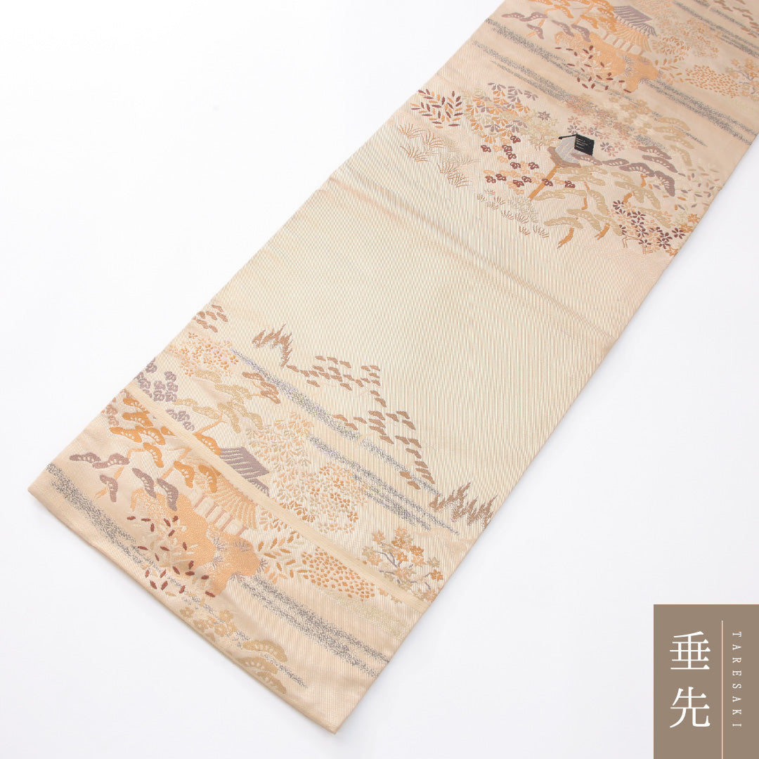 九寸名古屋帯 帯丈329cm セミフォーマル 名古屋仕立て 六通 未仕立て Cランク 正絹 茶屋辻 ベージュ系 1224-04144