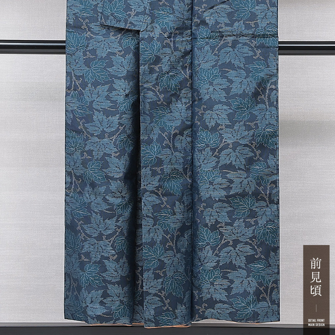 大島紬 袷 身丈151cm 裄丈65cm 正絹 Aランク インフォーマル 広衿 Sサイズ 経緯絣 植物柄 青系 RP 1223-15607