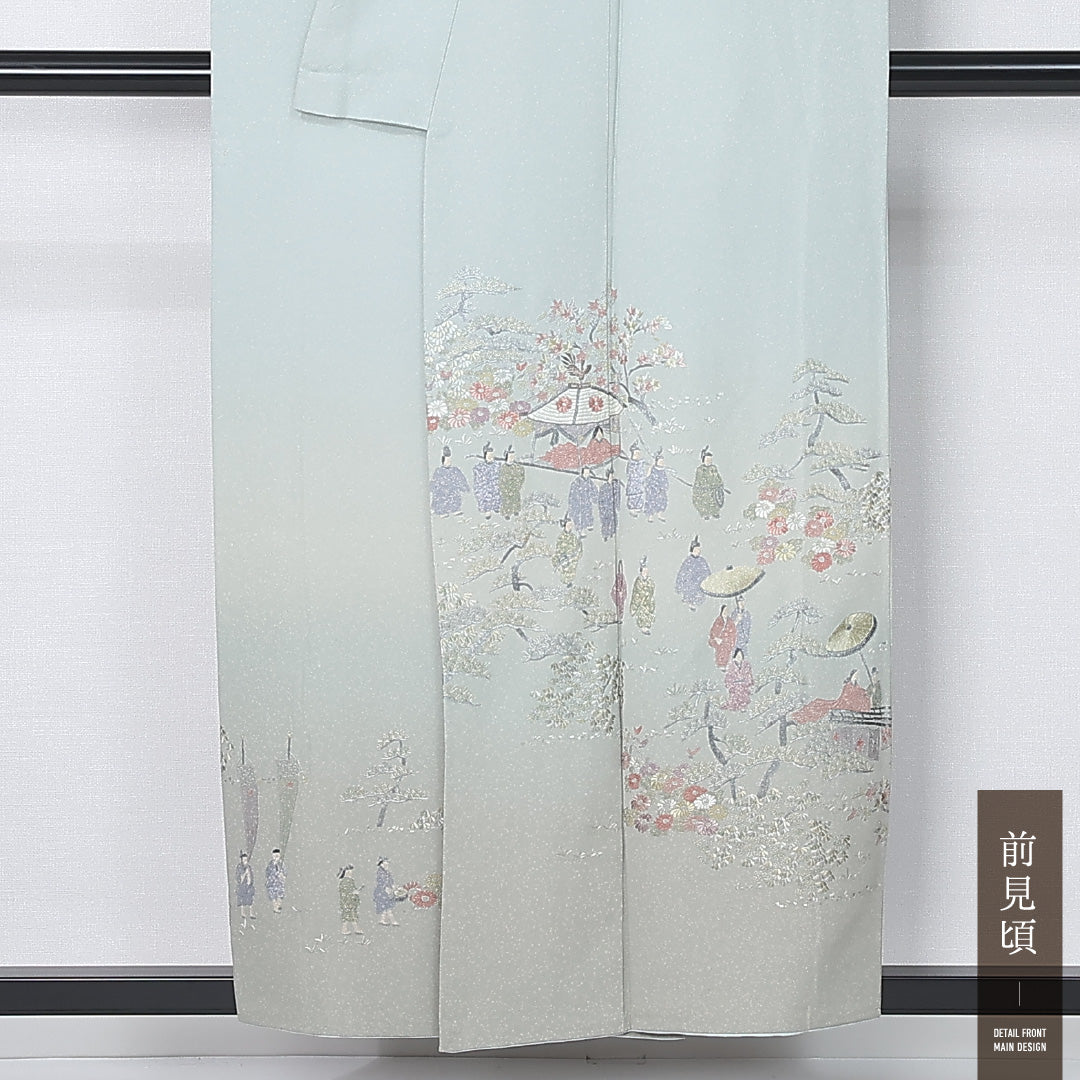 訪問着 身丈154cm 裄丈63.5cm Aランク S 正絹 袷 広衿 一つ紋 五三桐 落款 翠山刺繍 刺繍 ぼかし染 フォーマル 緑系 1212-12198