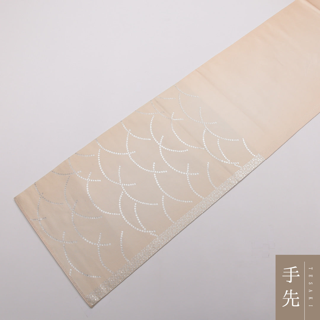 袋帯 帯丈446cm 正絹 六通 フォーマル 唐織 扇面文 吉祥文様 クリーム系 1243-01449