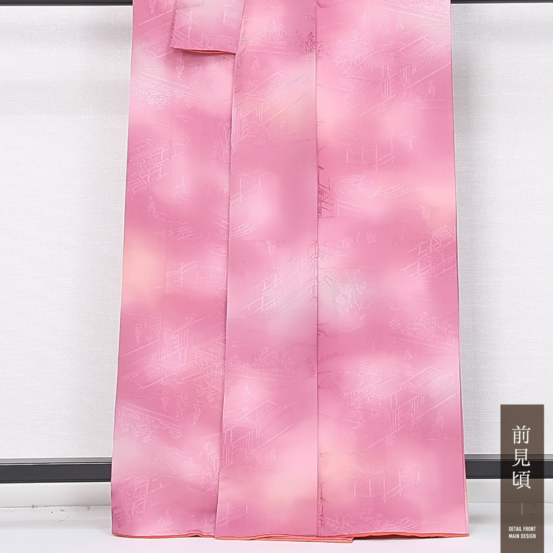 小紋 袷 身丈162cm 裄丈64cm 正絹 Bランク インフォーマル 広衿 Lサイズ 色無地 ぼかし染 御所解 ピンク系 HP 1221-11910