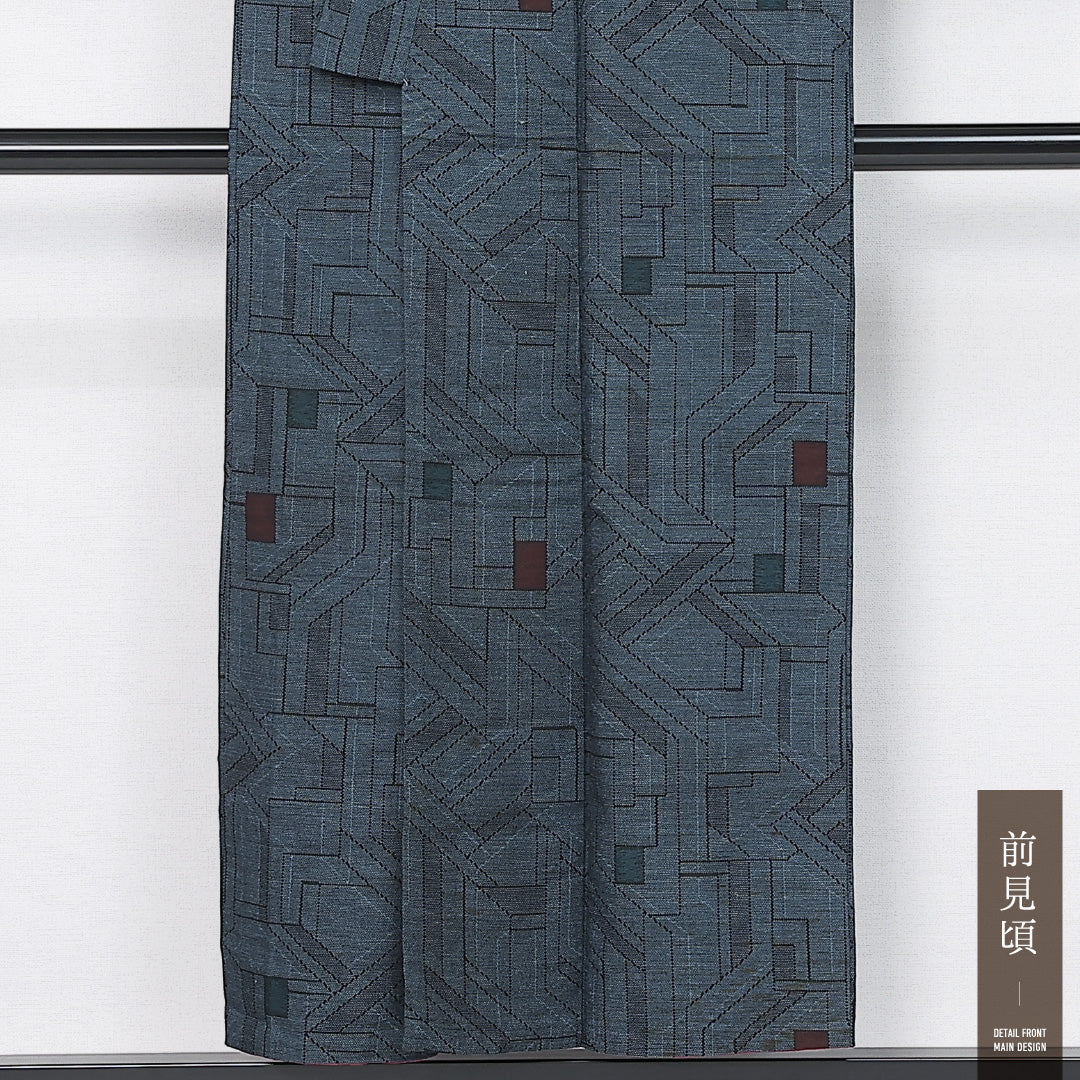 洗える着物 ウールの紬 胴抜き 身丈149cm 裄丈63cm ウール Cランク カジュアル バチ衿 XSサイズ 幾何学柄 青系 HP 1223-11883