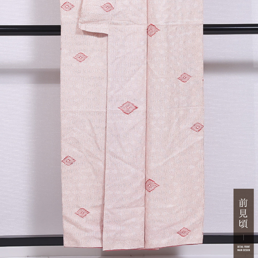 小紋 袷 身丈153cm 裄丈60cm 正絹 Sランク インフォーマル 広衿 Sサイズ 亀甲 ピンク系 RP 1221-11855