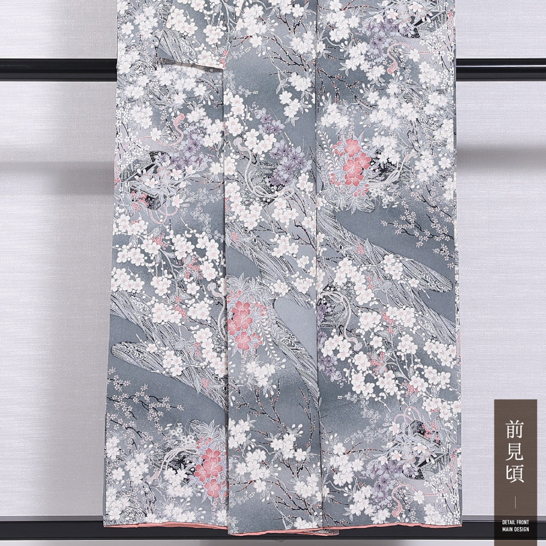 小紋 身丈152cm 裄丈65.5cm S 正絹 Aランク 袷 広衿 ちりめん 桜 梅 桔梗 椿 1215-11682