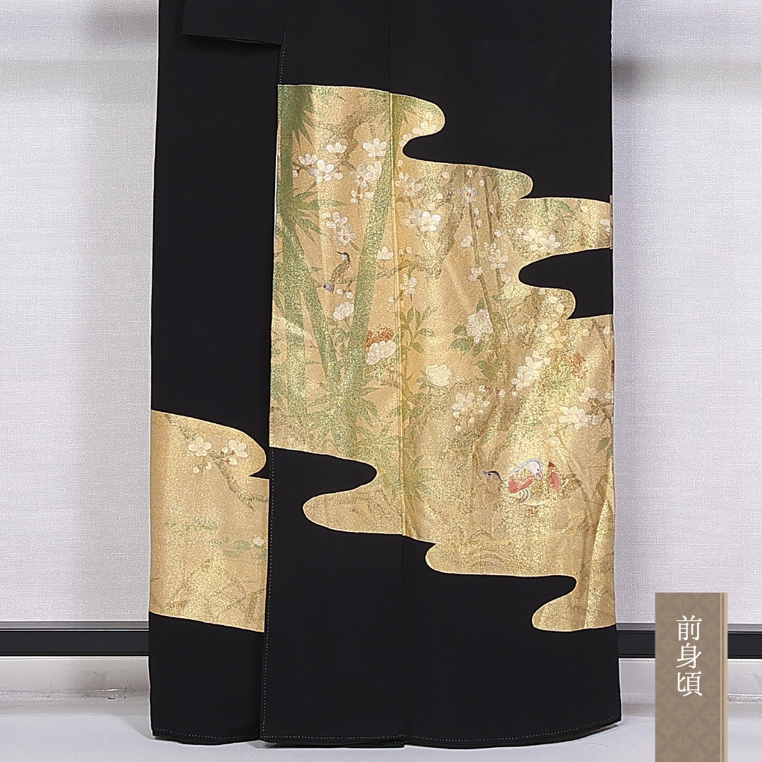黒留袖 五つ紋 梅鉢 身丈162cm 裄丈65cm Sランク 正絹 袷 比翼 広衿 L 鶯 梅 フォーマル 黒系 1211-F0340