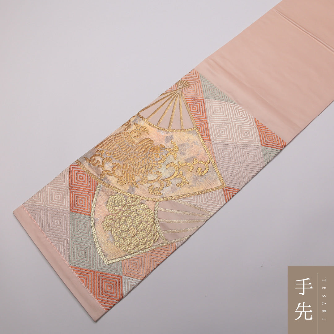 袋帯 帯丈442cm 正絹 六通 フォーマル 扇面文 唐草鳳凰文 菱つなぎ クリーム系 ピンク系 1243-01350