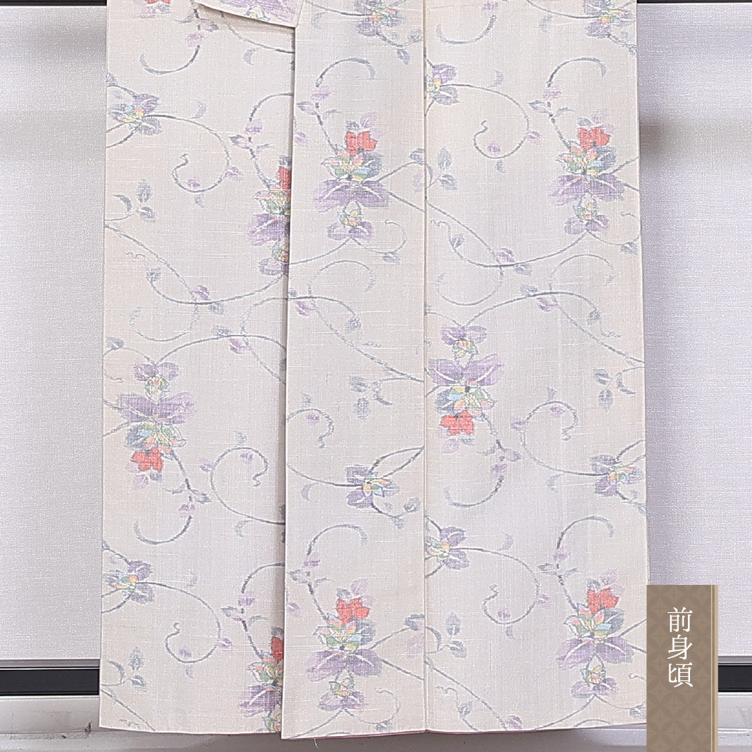 紬 身丈165cm 裄丈64.5cm XL 正絹 Bランク 袷 広衿 紬 草花 1216-10909