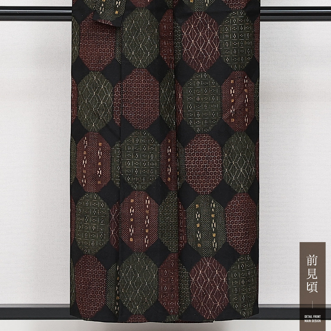 洗える着物 ウールの紬 単衣 身丈152cm 裄丈63cm ウール Sランク カジュアル バチ衿 Sサイズ 創作柄 緑系 RP 1223-14258