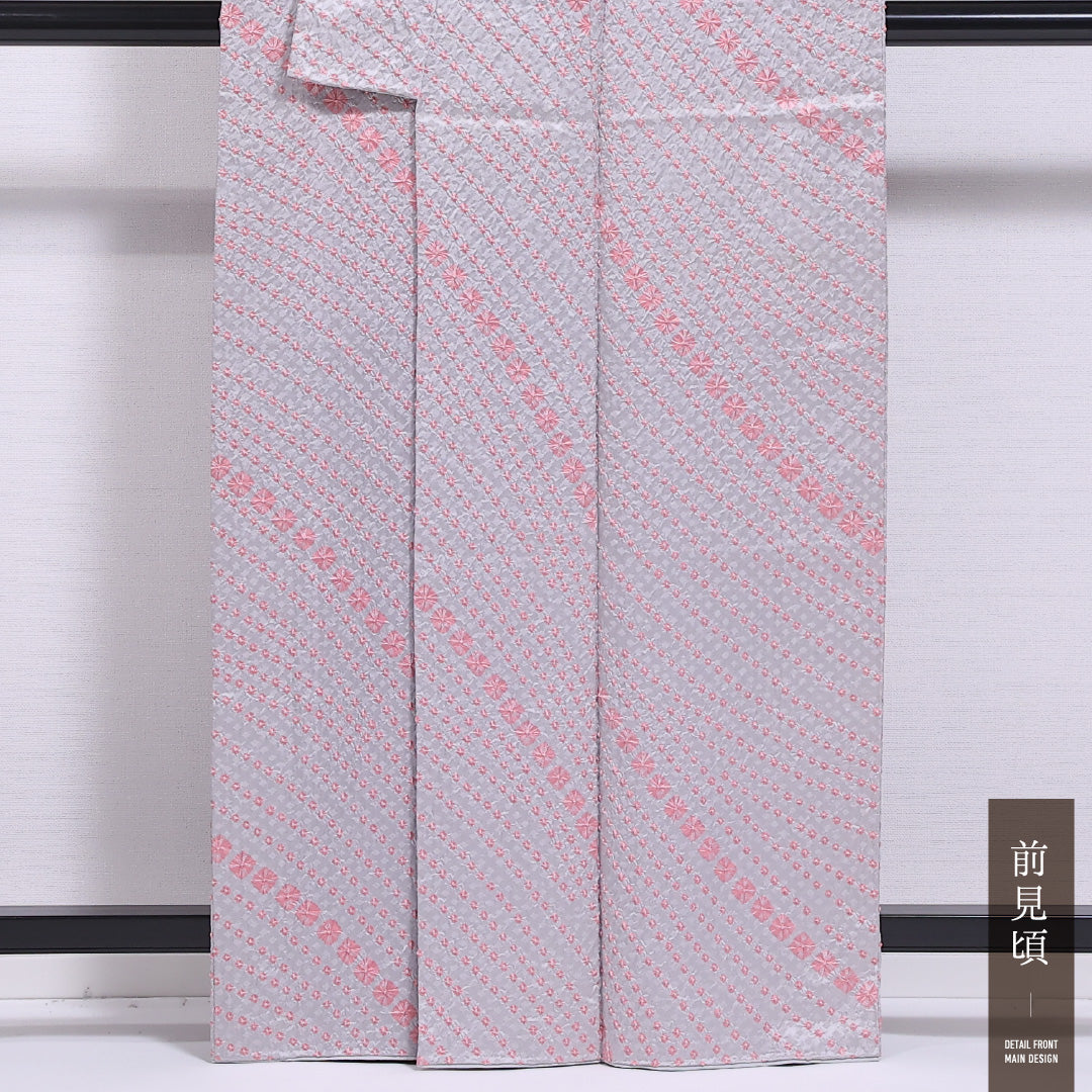 小紋 袷 身丈163cm 裄丈66cm 正絹 Aランク インフォーマル 広衿 Lサイズ 創作柄 グレー系 HP 1221-11585