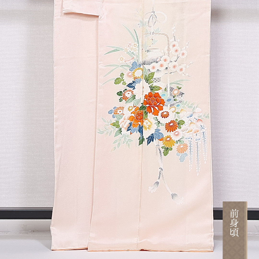 訪問着 袷 身丈163cm 裄丈64cm 正絹 Aランク セミフォーマル 広衿 Lサイズ 金彩 花籠 クリーム系 RP 1217-10388