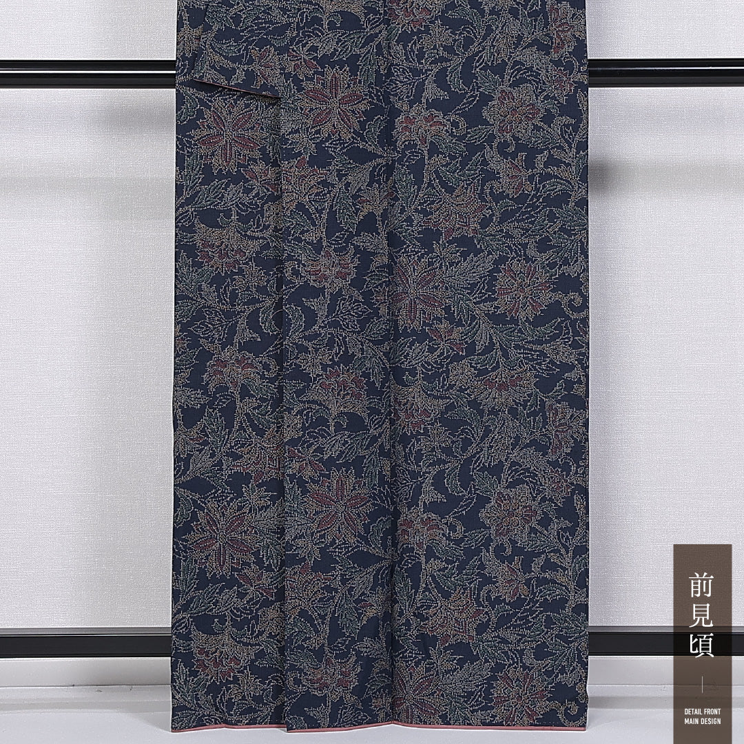 紬 袷 身丈162cm 裄丈64cm 正絹 Dランク カジュアル 広衿 Lサイズ 唐華 紺系 LP 1223-11302