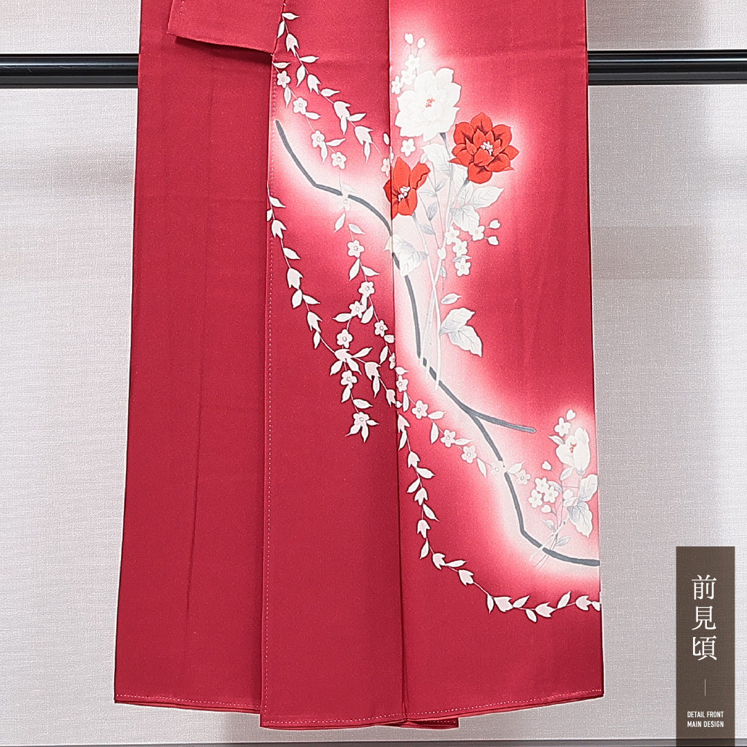 訪問着 袷 身丈142cm 裄丈58cm 正絹 Sランク XSサイズ 広衿 セミフォーマル 椿 ぼかし染 赤系 1212-14968