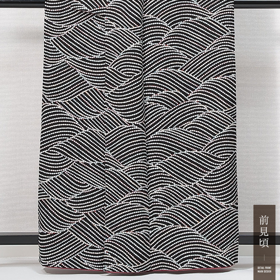 小紋 袷 身丈158cm 裄丈68cm 正絹 Sランク Mサイズ 広衿 インフォーマル 総絞り 波 黒系 多色系 1215-14900