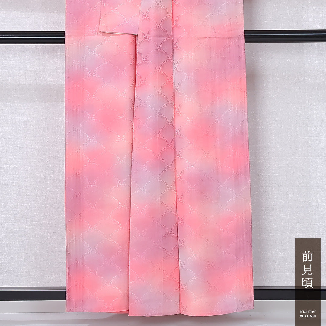 小紋 単衣 身丈157cm 裄丈65cm 正絹 Aランク インフォーマル 広衿 Mサイズ ぼかし染 雪輪 ピンク系 HP 1221-12242