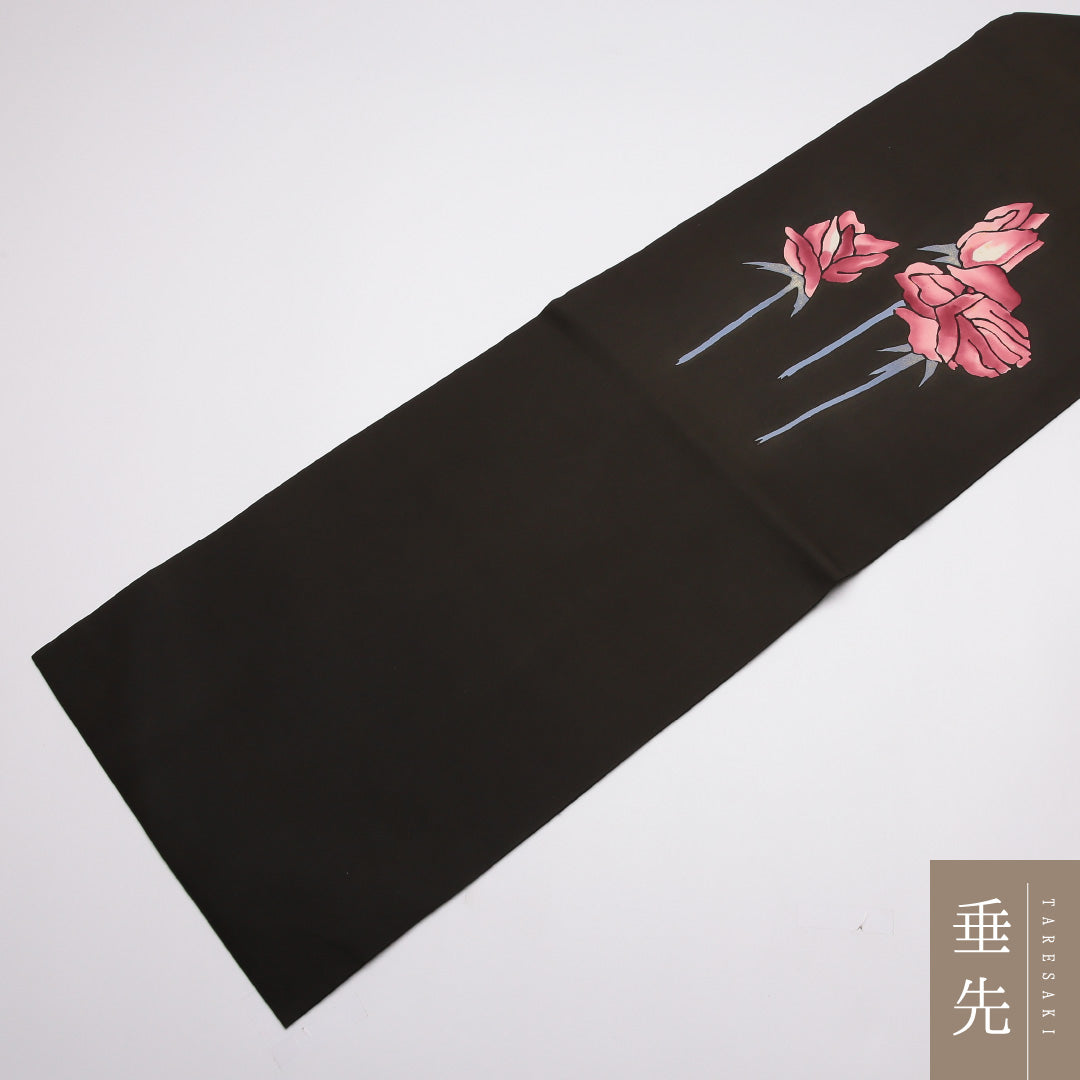 九寸名古屋帯 Aランク 帯丈351cm 正絹 ポイント柄 名古屋仕立て 染め インフォーマル 塩瀬 薔薇 黒系 RP 1245-01806