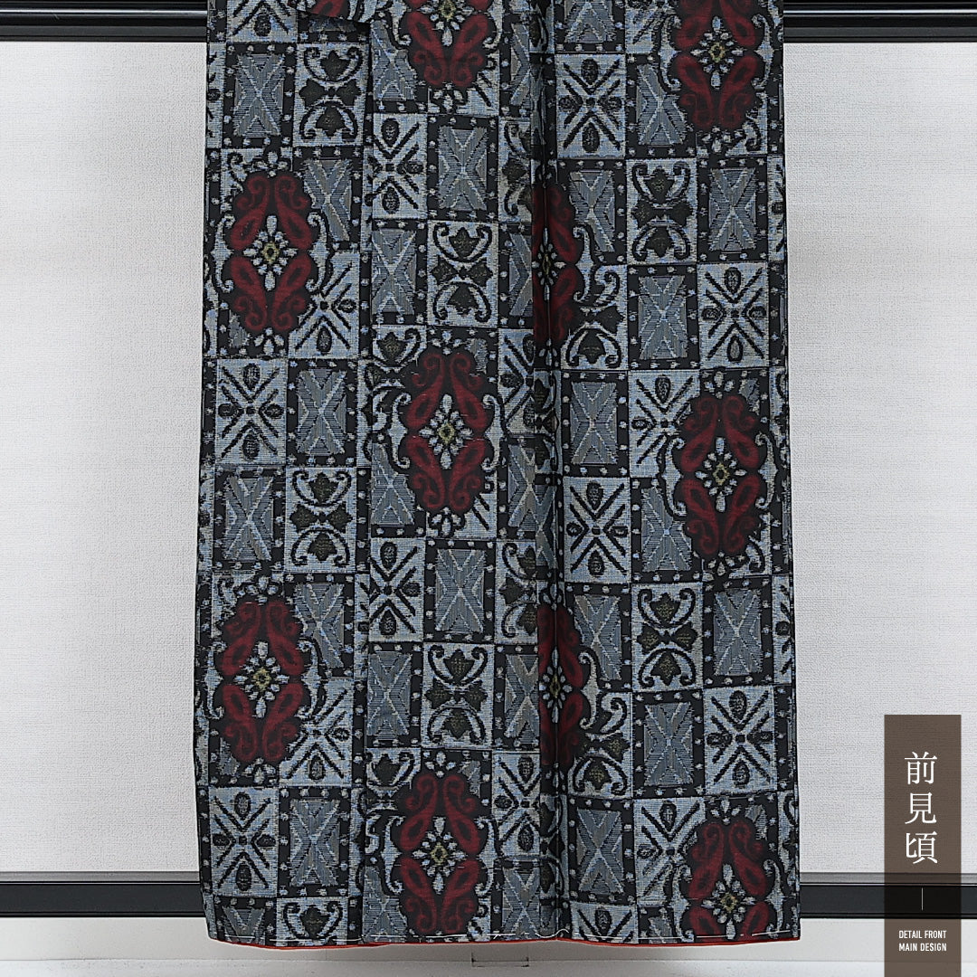 洗える着物 紬 袷 身丈155cm 裄丈63cm ポリエステル Sランク カジュアル バチ衿 Mサイズ アラベスク文様 紺系 RP 1223-14431