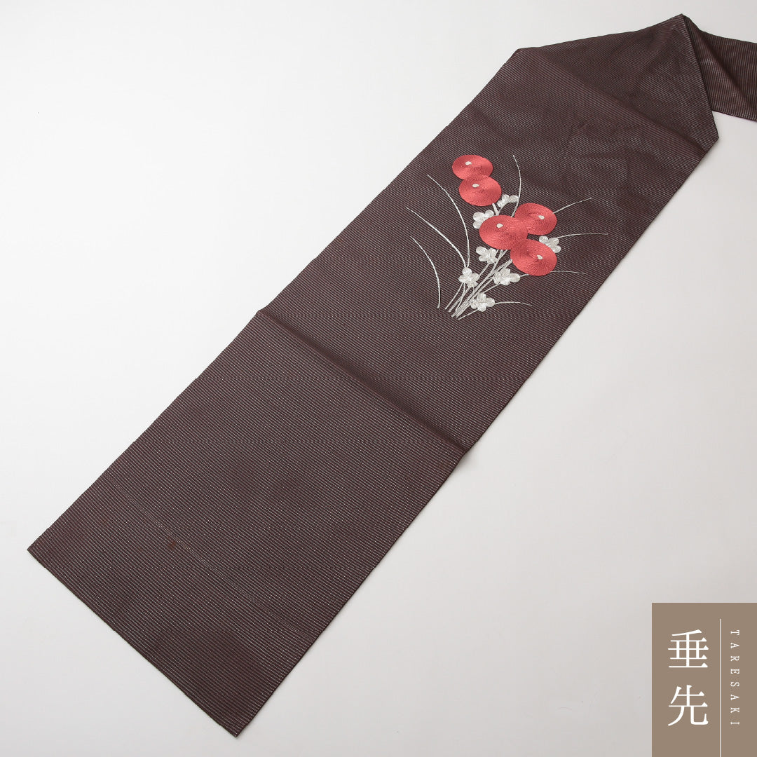 夏物 名古屋帯 ポイント柄 帯丈363cm セミフォーマル Aランク 正絹 絽 金駒刺繍 琳派 橘 茶系 1224-02173