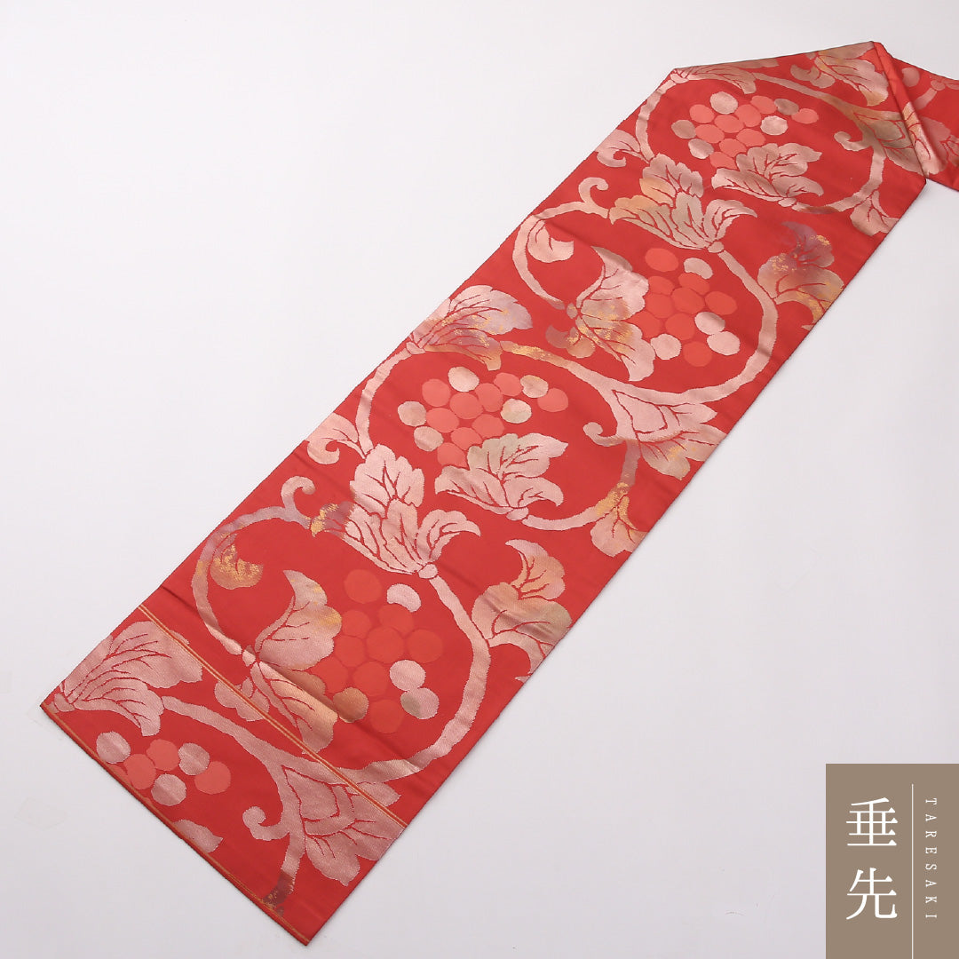 名古屋帯 六通 帯丈354cm カジュアル Aランク 正絹 綴れ織 引箔 唐草 赤系 1224-02331