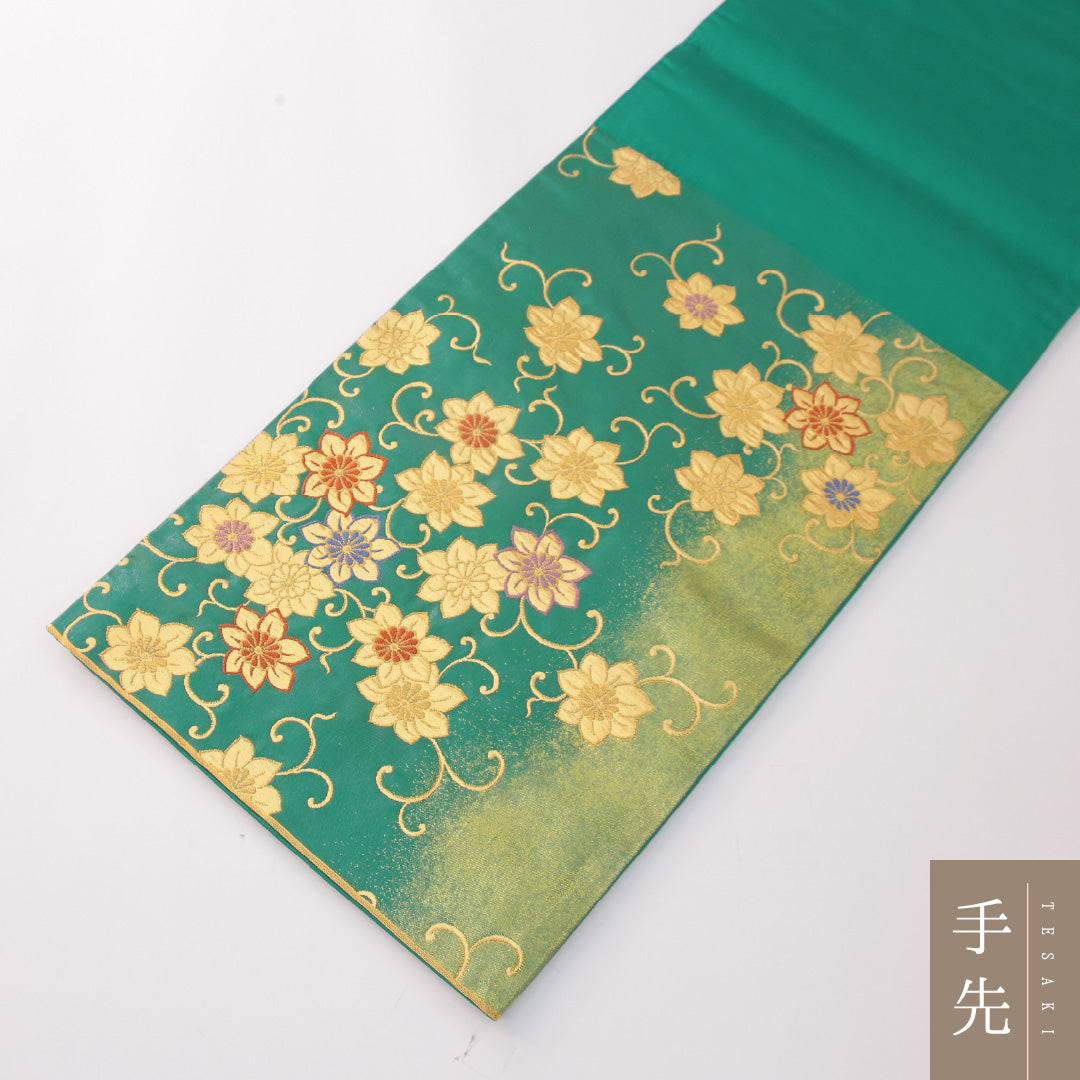 未使用品 袋帯 帯丈440cm 正絹 六通 セミフォーマル 唐草華文 緑系 金系 1243-02309