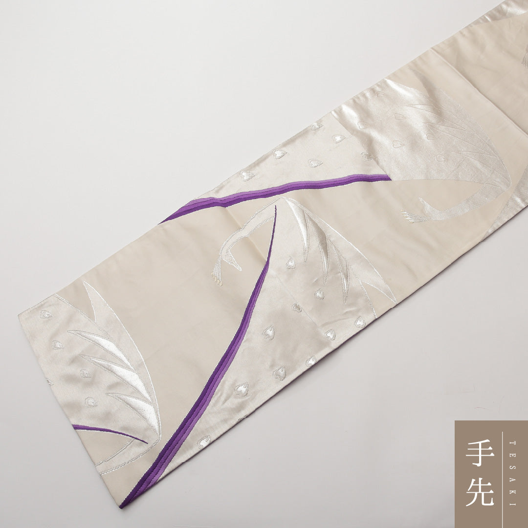 袋帯 六通 帯丈436cm 振袖帯 Sランク 正絹 孔雀 銀系 1223-01478