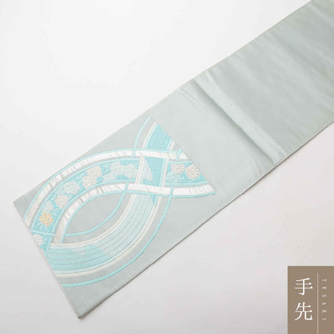 袋帯 六通 帯丈424cm 振袖帯 Aランク 正絹 菊 水色系 1223-01471